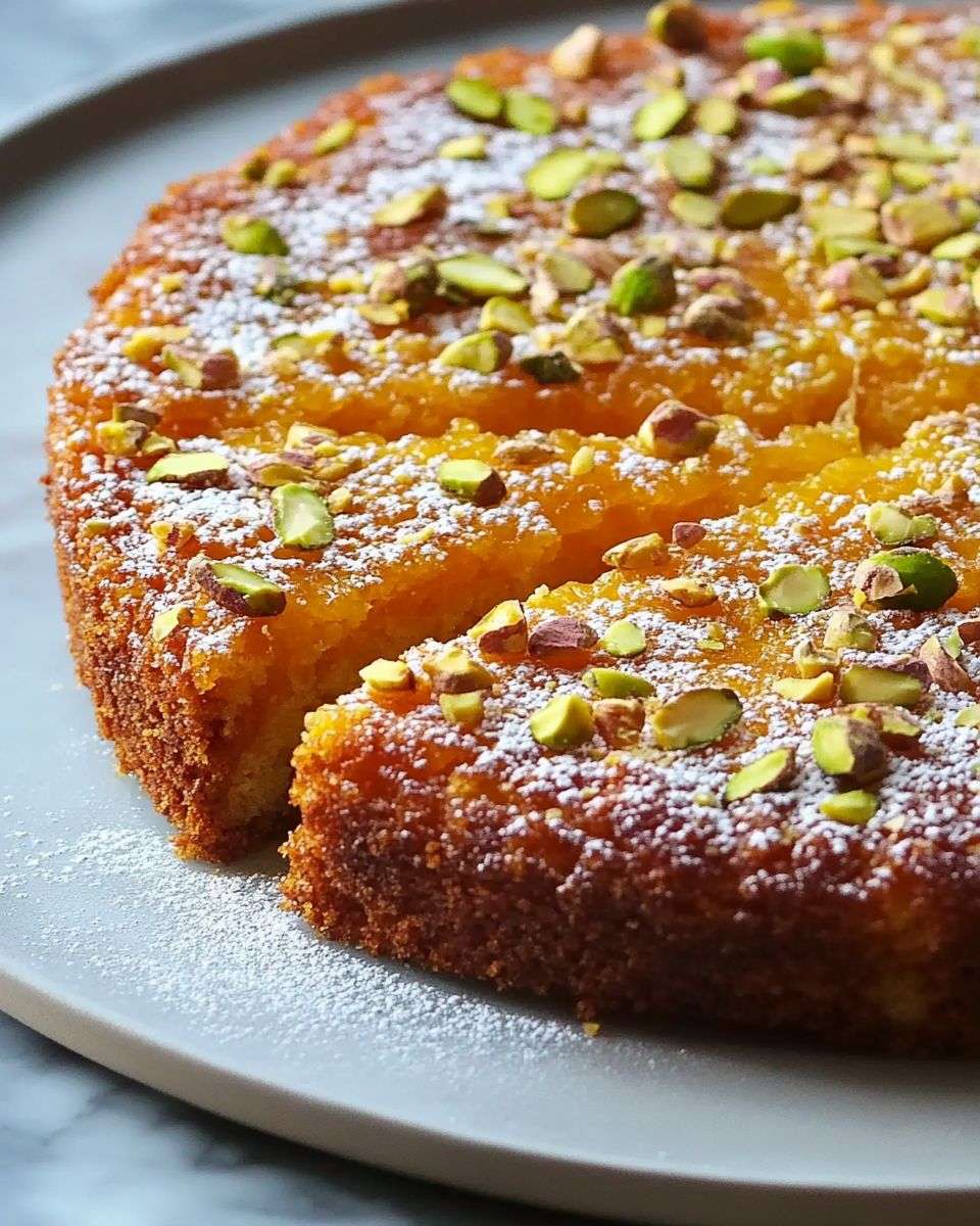 Golden pistachio semolina syrup cake topped with chopped pistachios and powdered sugar, sliced to reveal a moist glossy interior
