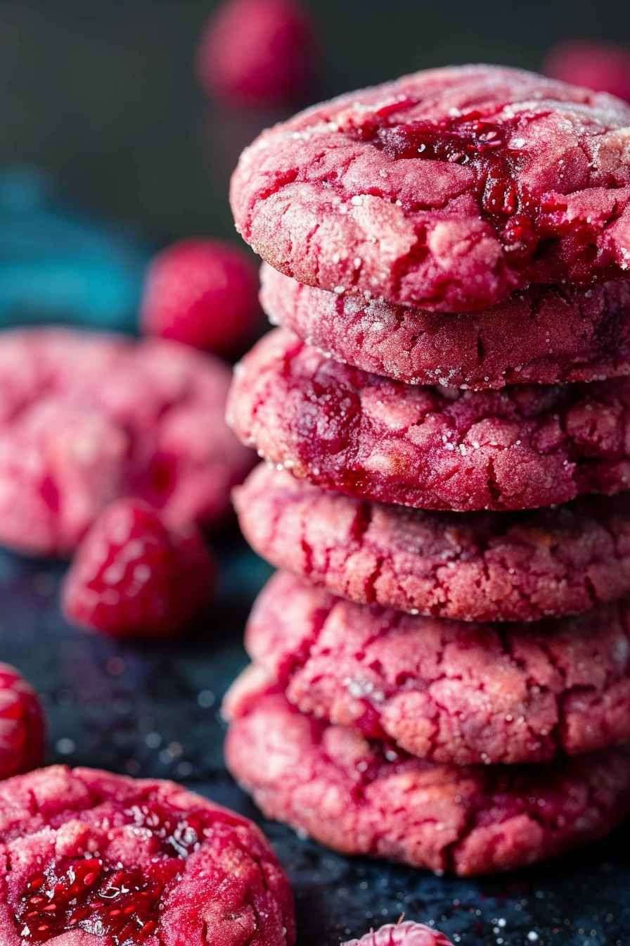 Soft raspberry sugar cookies with vibrant pink color, slightly crinkled tops, chewy centers, and visible raspberry pieces baked to a light golden edge.