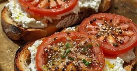 Crispy sourdough toast topped with whipped ricotta cheese, fresh tomato slices, olive oil drizzle, cracked black pepper, and basil leaves. Ricotta and tomato toast.