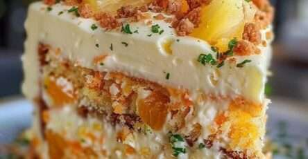 Pineapple cream crumb cake with vanilla layers, cream cheese filling, pineapple pieces, and golden crumble topping on a serving plate