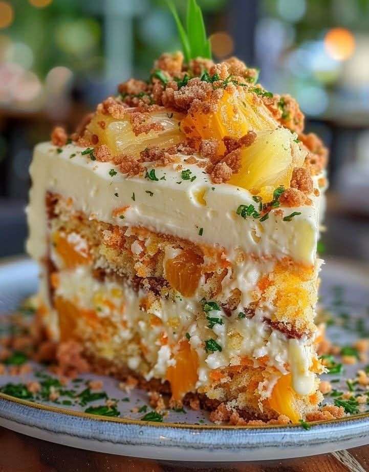 Pineapple cream crumb cake with vanilla layers, cream cheese filling, pineapple pieces, and golden crumble topping on a serving plate
