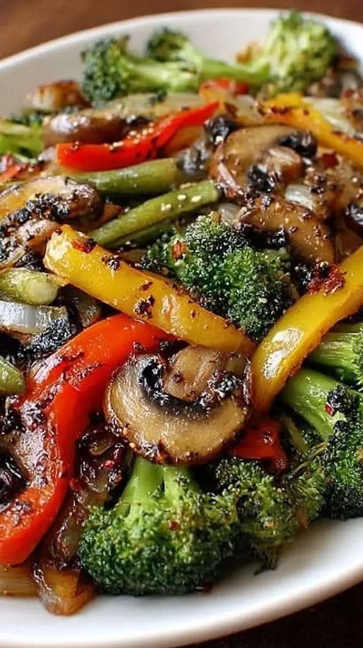 Colorful vegetable stir fry with broccoli florets, sliced mushrooms, red and yellow bell peppers coated in glossy soy sesame sauce in a wok.