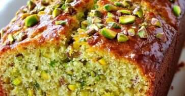 Ultra moist pistachio loaf cake with a glossy honey citrus glaze and chopped pistachios, sliced to show a tender green-speckled crumb