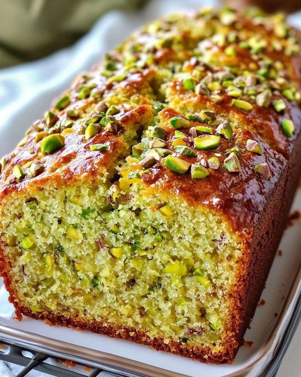 Ultra moist pistachio loaf cake with a glossy honey citrus glaze and chopped pistachios, sliced to show a tender green-speckled crumb