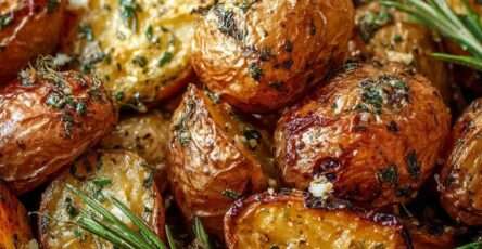 Golden rosemary roasted baby potatoes with crispy edges, minced garlic, fresh herbs, and a light sprinkle of Parmesan cheese on a baking tray.