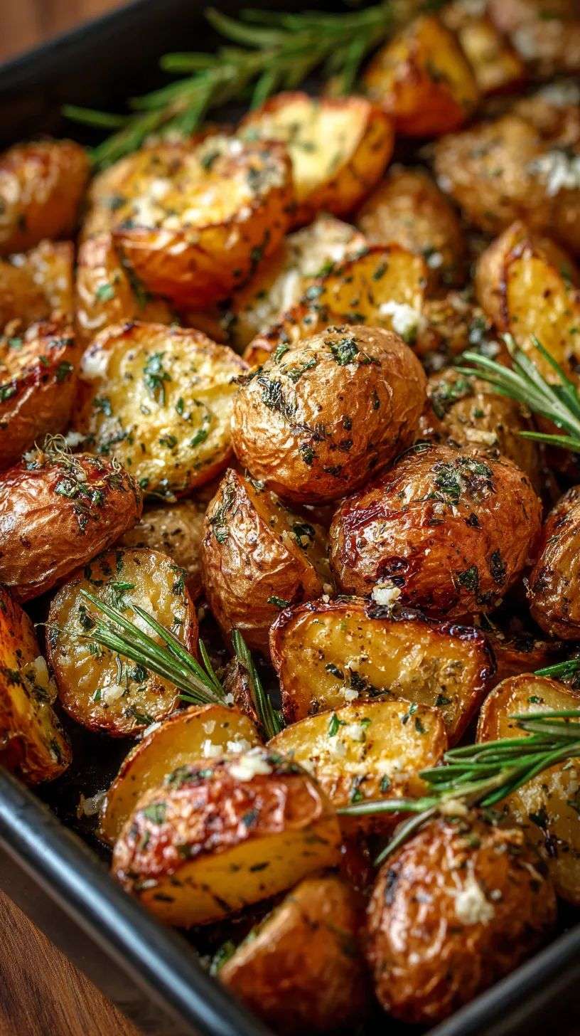 Golden rosemary roasted baby potatoes with crispy edges, minced garlic, fresh herbs, and a light sprinkle of Parmesan cheese on a baking tray.