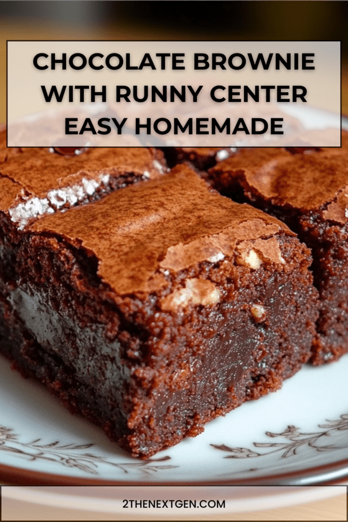 Chocolate brownie with runny center cut into squares, rich dark chocolate texture with gooey molten center flowing from the middle, topped with crushed walnuts on parchment paper