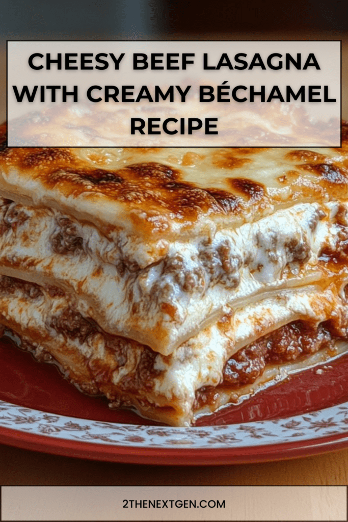 Baked beef lasagna with golden melted mozzarella and parmesan topping, visible layers of pasta sheets, rich tomato meat sauce and creamy béchamel in a ceramic baking dish