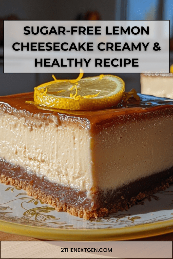Sugar-free lemon cheesecake on a white plate with almond crust base, creamy smooth texture, topped with fresh lemon slices and zest, light and healthy dessert presentation
