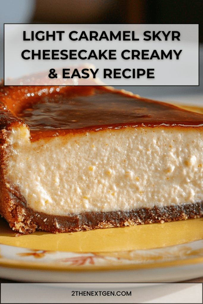 Light caramel skyr cheesecake on a cake stand with smooth creamy texture, biscuit crust base, glossy caramel topping spread evenly on top, elegant dessert presentation