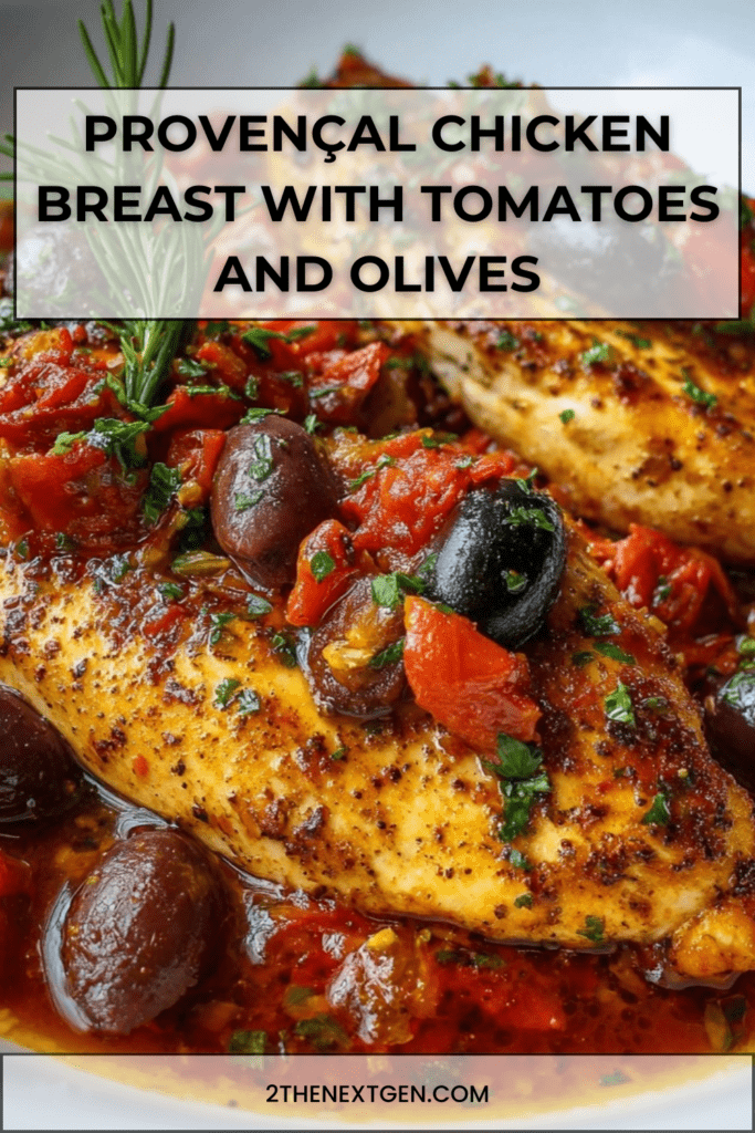 Golden pan-seared Provençal chicken breast simmered with chopped tomatoes, black olives, garlic and herbs de Provence in a rustic skillet