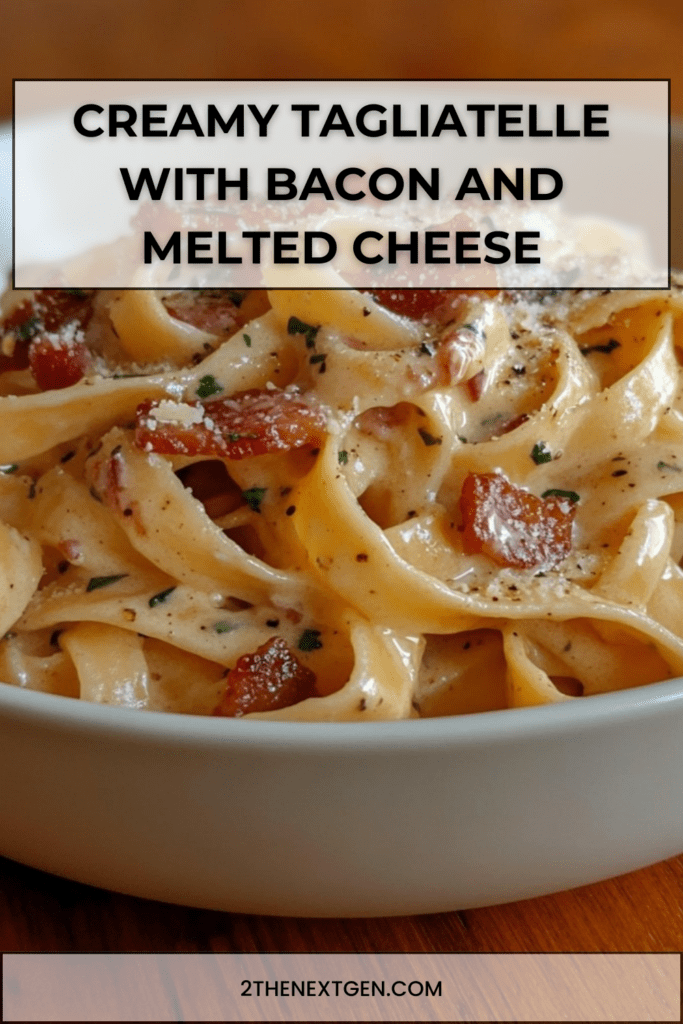 Creamy tagliatelle pasta coated in a melted cheese and cream sauce with crispy bacon, finished with black pepper and fresh parsley