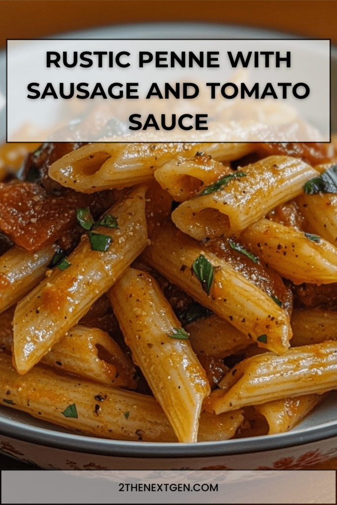Rustic penne pasta tossed with sausage and tomato sauce, topped with fresh parsley and Parmesan in a pan