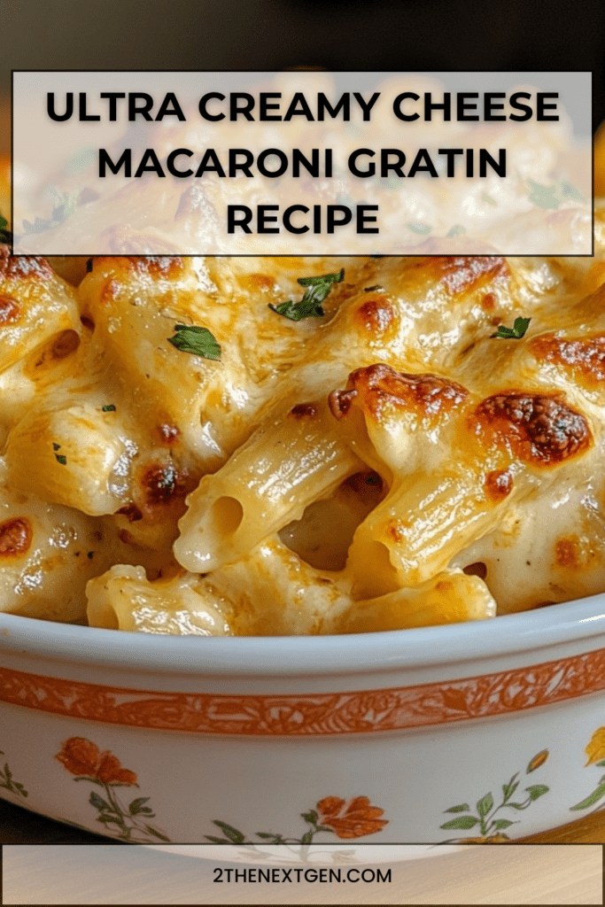 Ultra creamy cheese macaroni gratin baked until golden with melted cheese and parsley in a ceramic baking dish