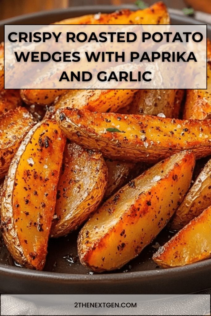 Oven Crispy roasted potato wedges seasoned with smoked paprika, garlic and herbs, golden and crispy on a baking tray