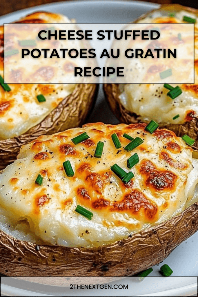 Cheese stuffed potatoes au gratin with golden melted cheese topping and chives, baked until crispy and creamy inside