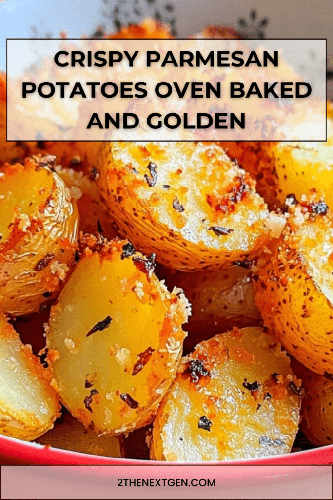 Oven baked baby potatoes roasted cut side down with Parmesan cheese, garlic and herbs, golden and crispy on the bottom