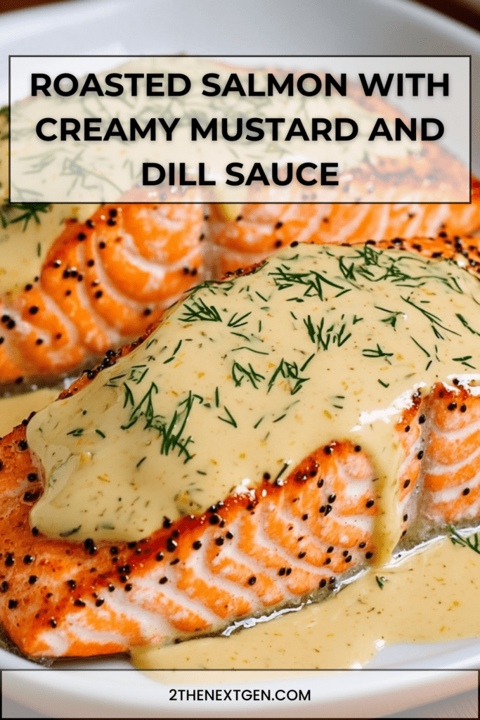 Roasted salmon steaks topped with creamy mustard and dill sauce, finished with lemon zest and fresh herbs in a skillet