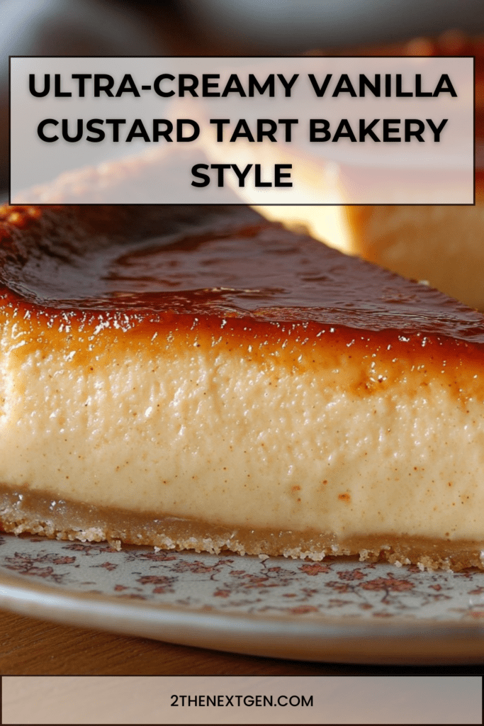 Ultra-creamy vanilla custard tart with a golden caramelized top and smooth vanilla filling baked in a shortcrust pastry