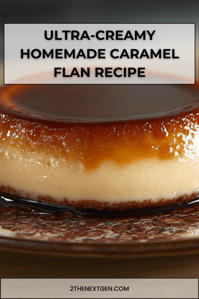 Ultra-creamy homemade caramel flan unmolded on a plate with glossy caramel sauce flowing around the smooth custard