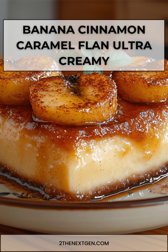 Ultra-creamy banana cinnamon caramel flan topped with glossy caramelized banana slices and fresh mint