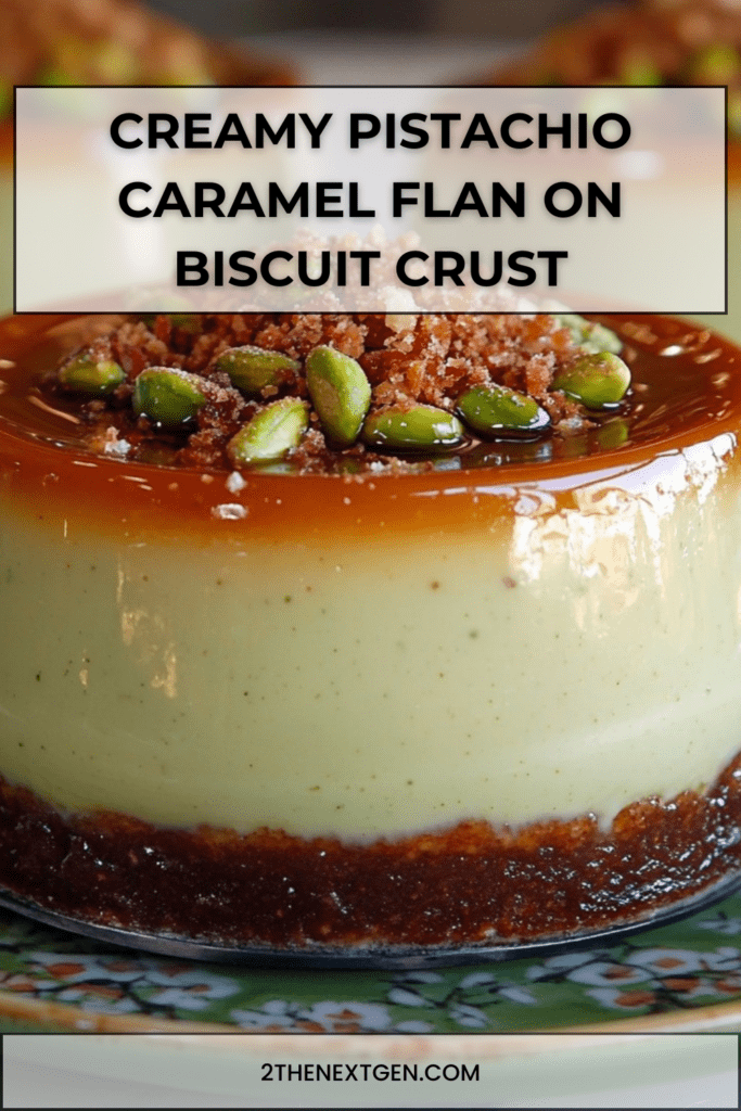Creamy pistachio caramel flan set on a biscuit crust, topped with caramel drizzle and crushed pistachios