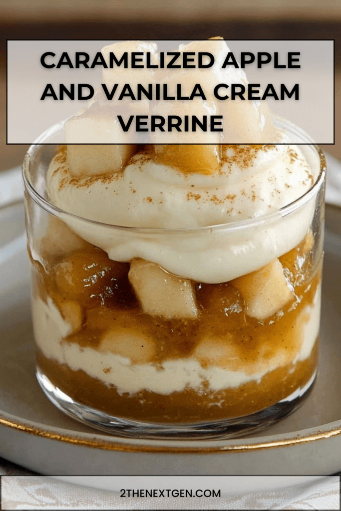 Layered verrine with caramelized apple and smooth vanilla cream, lightly dusted with cinnamon
