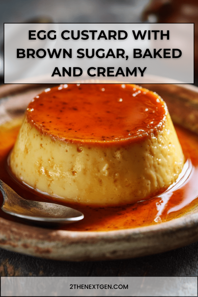 Baked egg custard with brown sugar, smooth and creamy texture, served chilled in a rustic dish