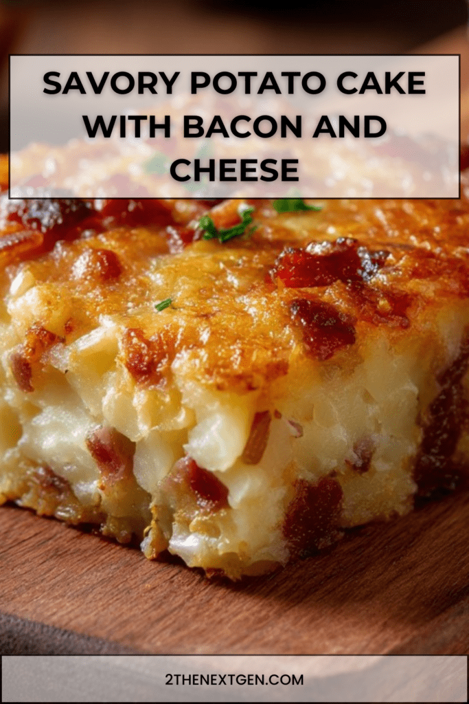 Savory potato cake with bacon and melted cheese, golden brown on top and sliced into rustic portions
