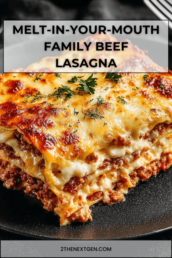 Homemade family beef lasagna with creamy béchamel sauce and golden cheese gratin, sliced and served hot