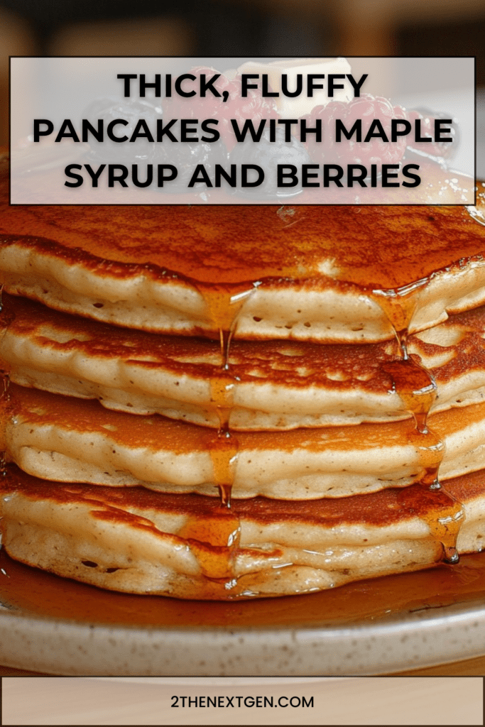 Stack of thick fluffy pancakes topped with maple syrup, blueberries, raspberries, and a melting cube of butter
