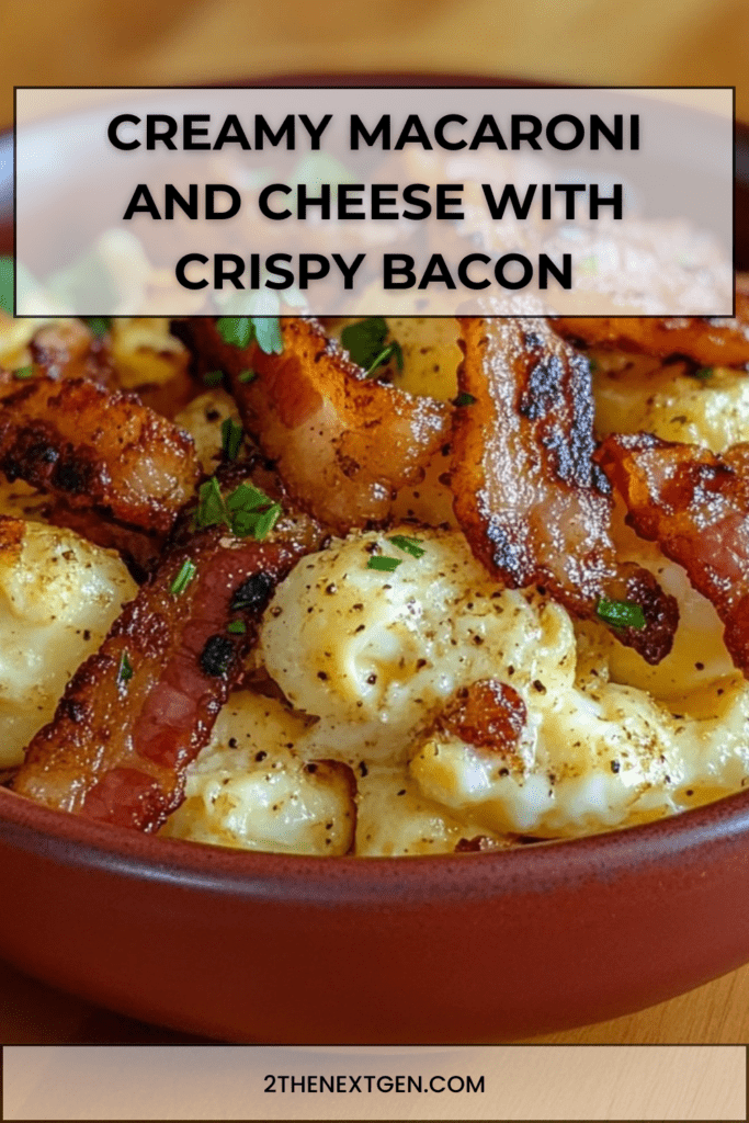 Creamy macaroni and cheese topped with crispy bacon pieces, melted cheddar and parsley in a rustic bowl