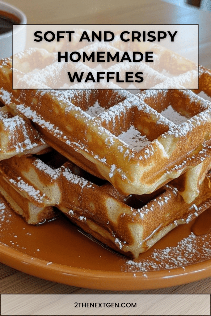 Golden homemade waffles with a crispy exterior and soft center, served with powdered sugar and maple syrup