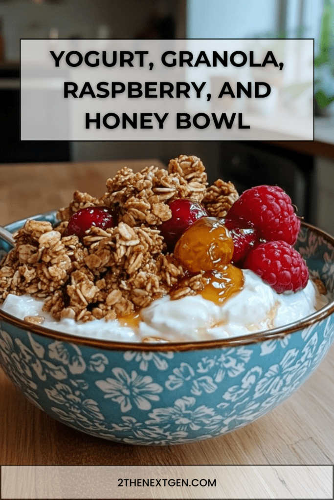 Greek yogurt bowl topped with crunchy granola, fresh raspberries, honey drizzle, and seeds