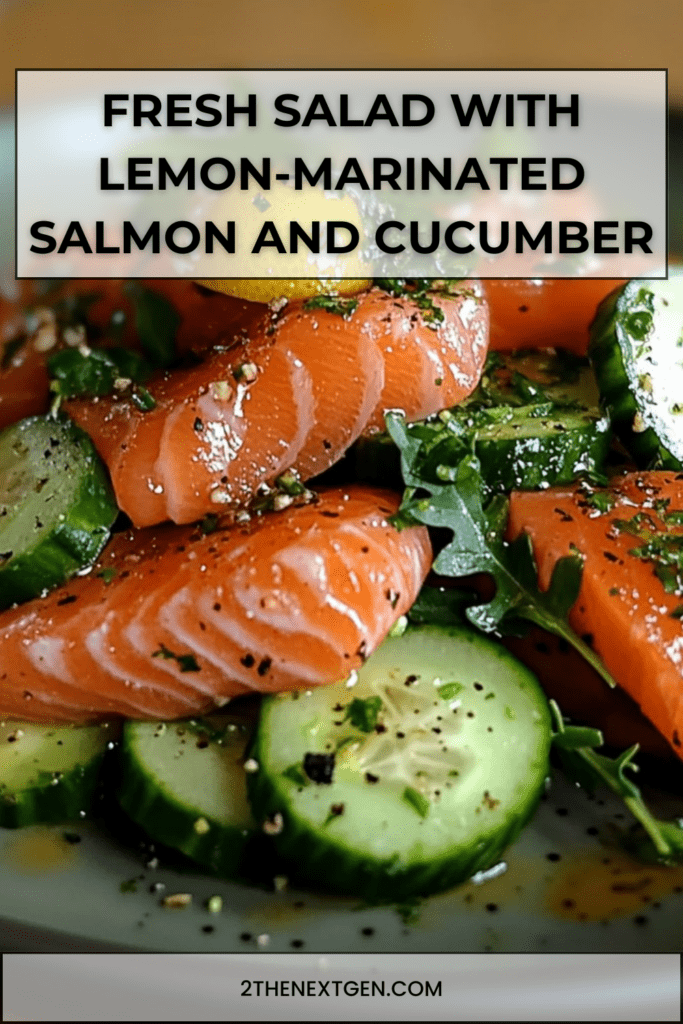 Fresh salad with lemon-marinated salmon cubes, crunchy cucumber slices, arugula, and fresh herbs