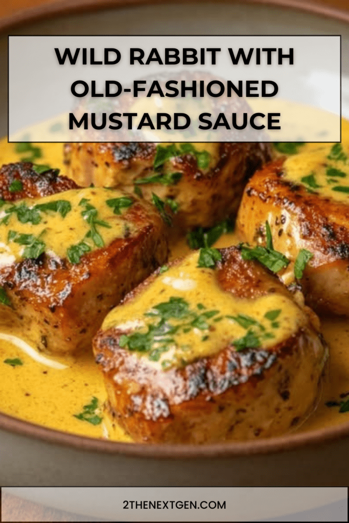 Wild rabbit pieces simmered in a creamy old-fashioned mustard sauce with parsley and shallots