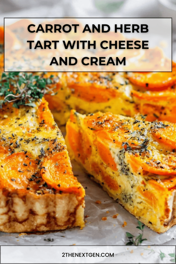 Homemade carrot and herb tart with golden top, sliced carrots and melted cheese baked in a rustic pie dish
