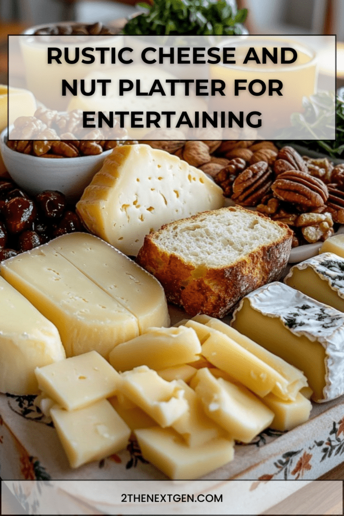 Rustic cheese and nut platter with assorted cheeses, nuts, fresh cherries, country bread, honey, and microgreens arranged on a wooden board