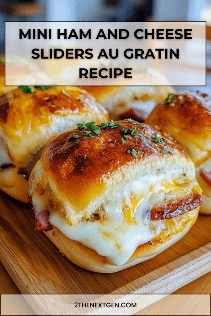 Mini ham and cheese sliders baked au gratin with golden tops and melted cheese served fresh from the oven