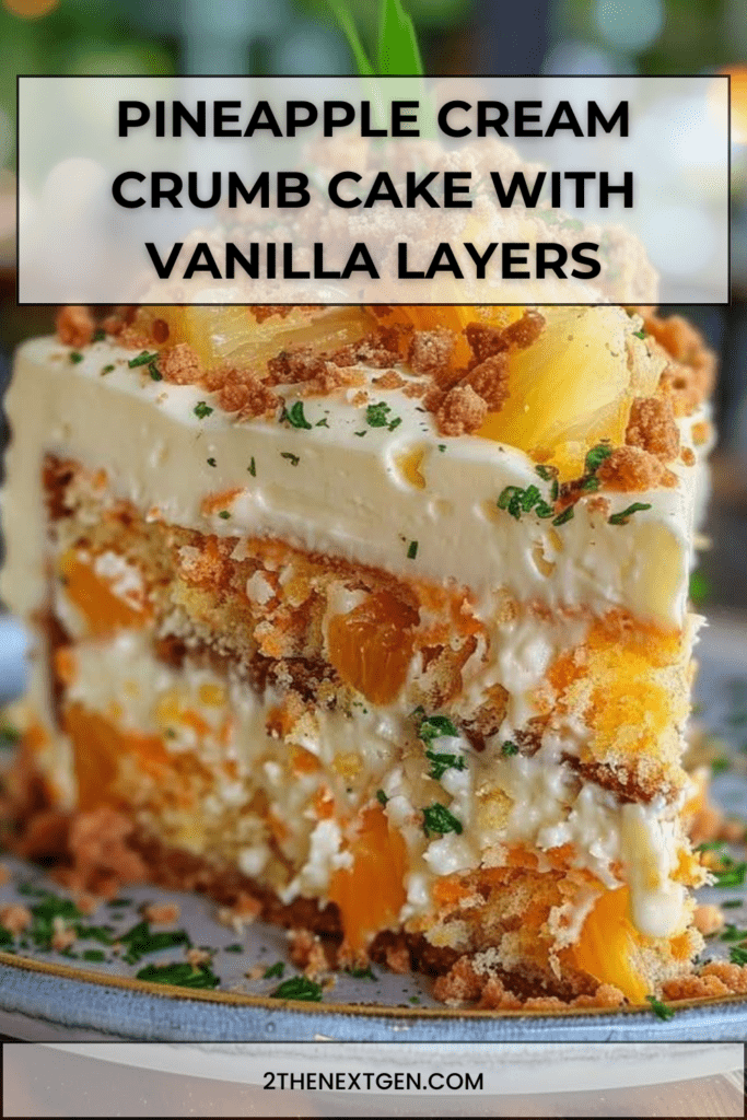Pineapple cream crumb cake with vanilla layers, cream cheese filling, pineapple pieces, and golden crumble topping on a serving plate