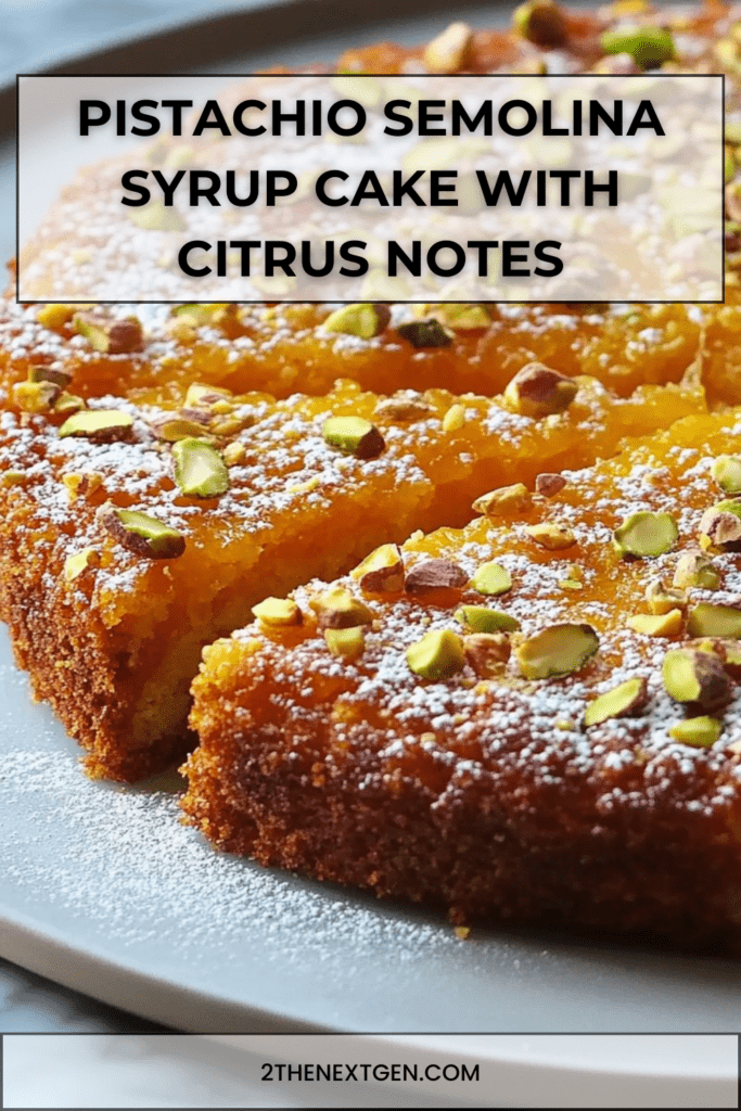 Golden pistachio semolina syrup cake topped with chopped pistachios and powdered sugar, sliced to reveal a moist glossy interior