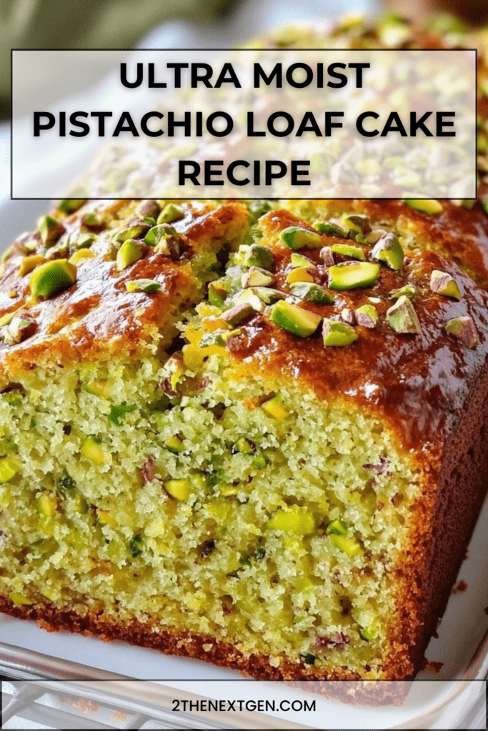 Ultra moist pistachio loaf cake with a glossy honey citrus glaze and chopped pistachios, sliced to show a tender green-speckled crumb