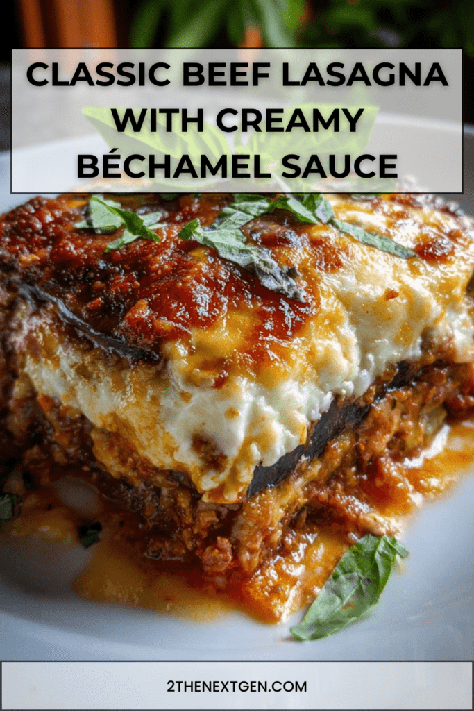 Classic beef lasagna with thick meat sauce, creamy béchamel layers, and golden melted cheese on top, sliced into generous portions