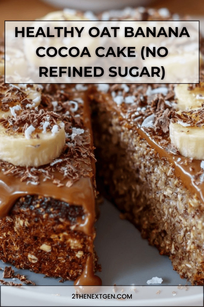 Healthy oat banana cocoa cake topped with sliced banana and dark chocolate shavings, showing a moist chocolate crumb