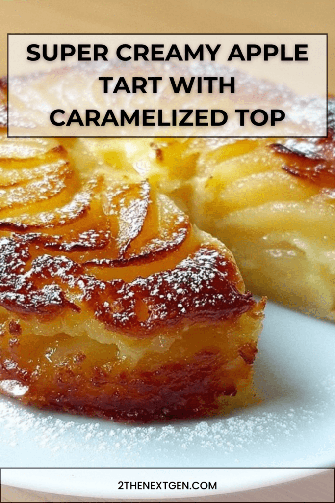 Super creamy apple tart with thin apple slices and lightly caramelized golden top dusted with powdered sugar