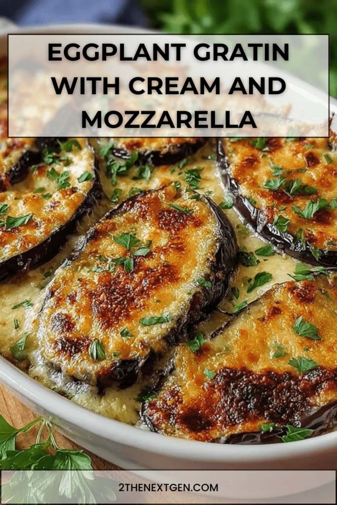 Golden eggplant gratin baked with melted mozzarella and Parmesan, creamy inside and topped with fresh parsley