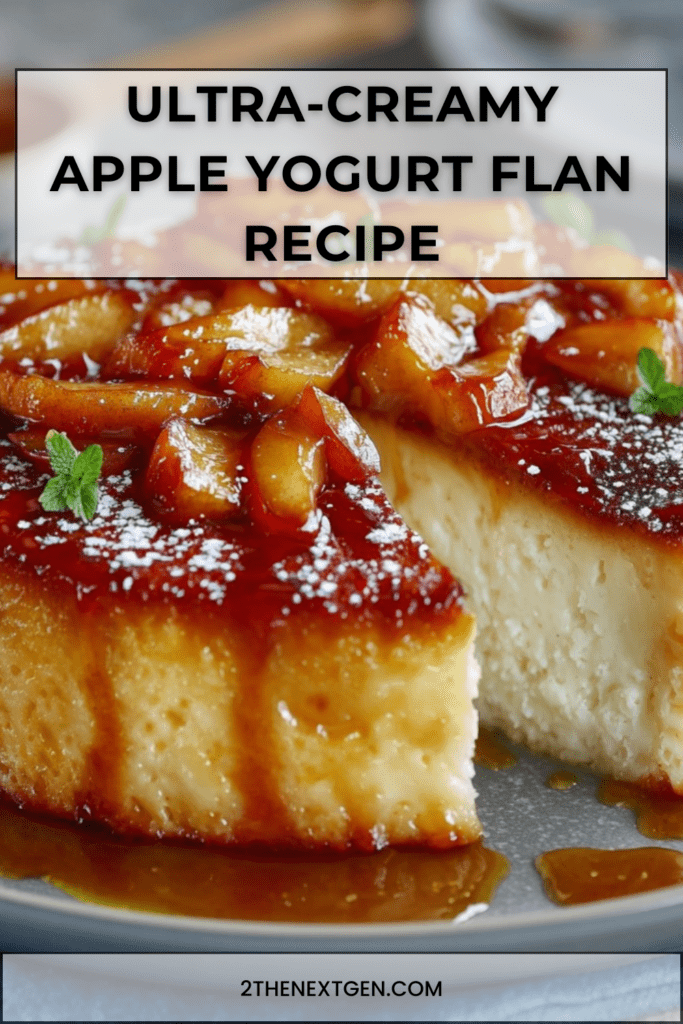 Ultra-creamy apple yogurt flan baked until golden, topped with caramel and served in slices