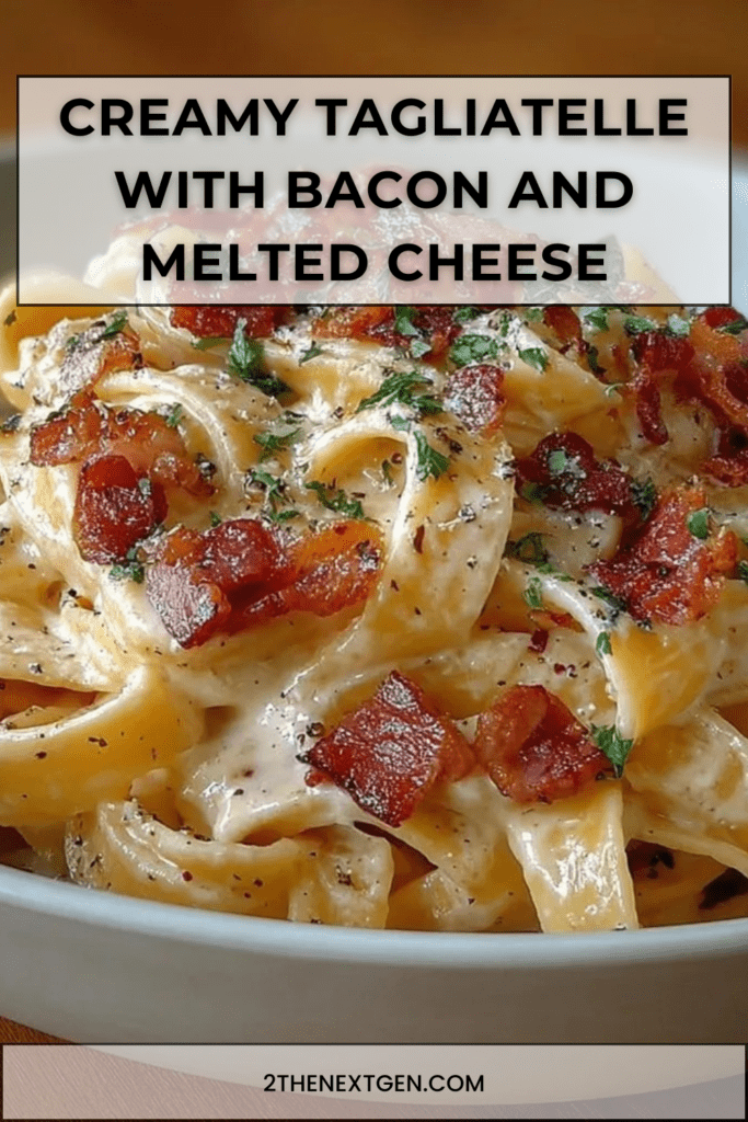 Creamy tagliatelle pasta with crispy bacon and melted cheese sauce, garnished with fresh parsley