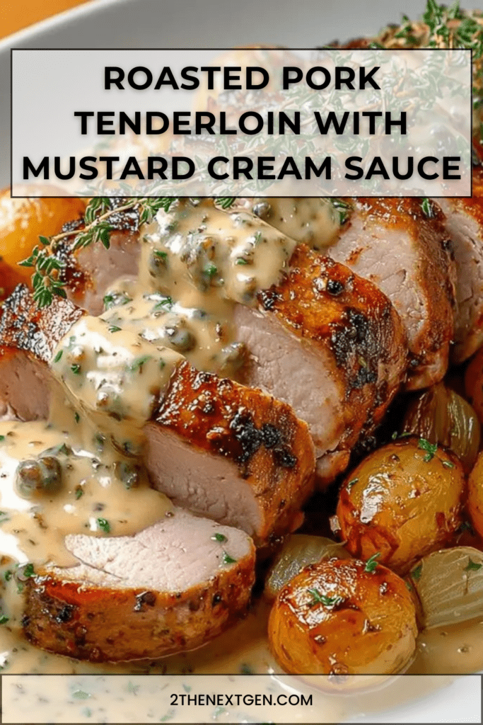 Sliced roasted pork tenderloin topped with creamy old-fashioned mustard sauce served with golden roasted baby potatoes