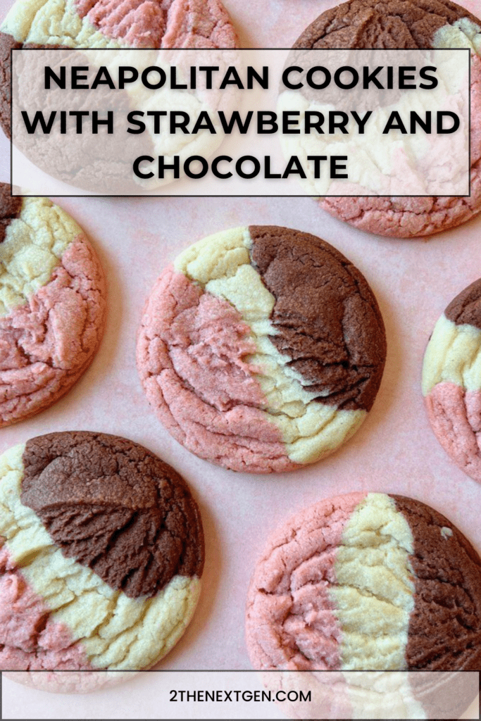 Three-color Neapolitan cookies showing distinct vanilla, strawberry, and chocolate sections baked into one soft, crinkled sugar cookie with a golden edge and vibrant pink center.